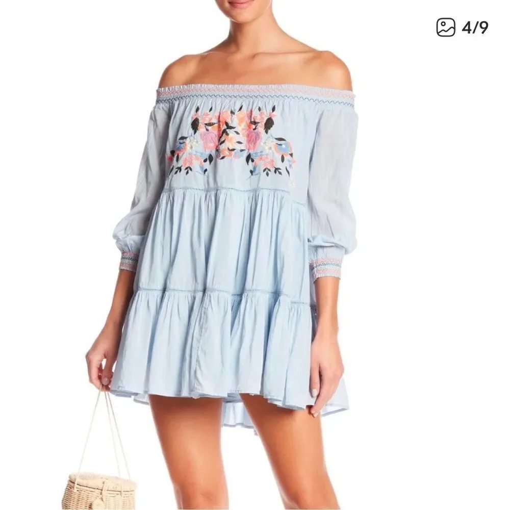 Free People Sunbeams Floral Embroidered Off Shoulder Dress Blue